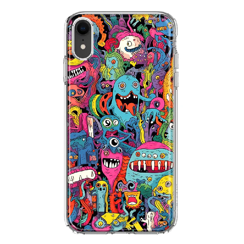 For Apple iPhone XR Psychedelic Trippy Happy Aliens Characters Design Hybrid Protective Phone Case Cover