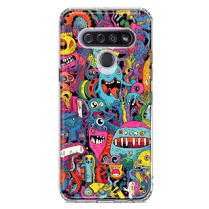 For LG K51 Psychedelic Trippy Happy Aliens Characters Design Hybrid Protective Phone Case Cover