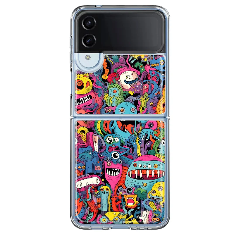 For Samsung Galaxy Z Flip 4 Psychedelic Trippy Happy Aliens Characters Design Hybrid Protective Phone Case Cover